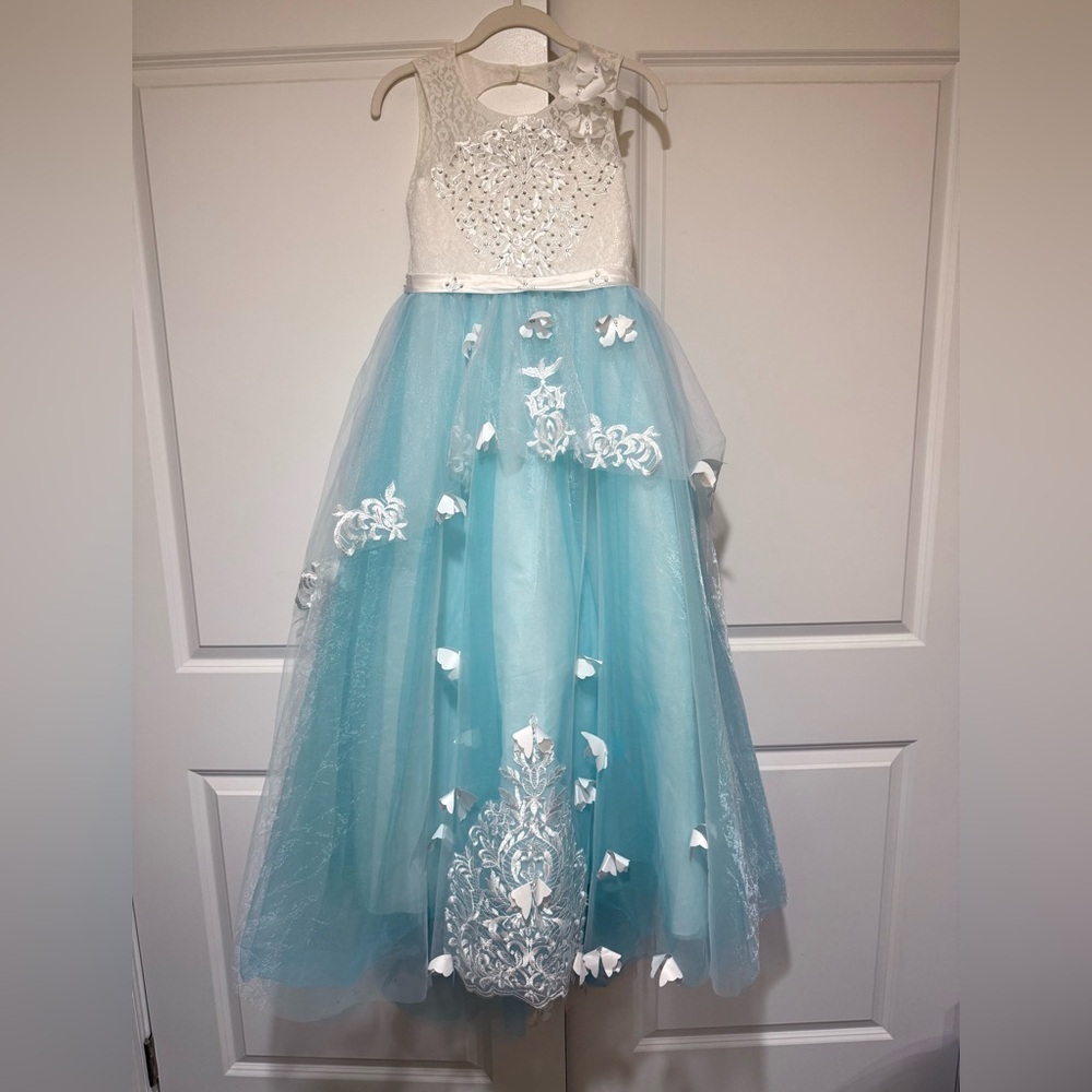 Elegant Blue and White fancy Butterfly tulle lace bedazzled Kids Dress